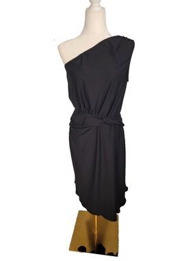 Anna Sui Vintage Rare Black One-Shoulder Draped Jersey Sheath Zip Dress Sz 8